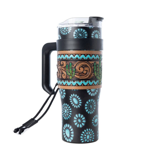 Concho Crest Western Tooled Tumbler in Black Stainless Steel with Leather Wrap and Handle