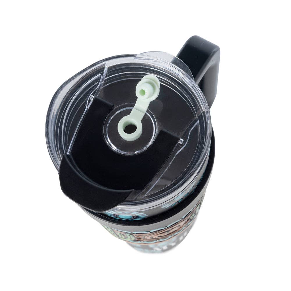 Concho Crest Western Tooled Tumbler in Black Stainless Steel with Leather Wrap and Handle