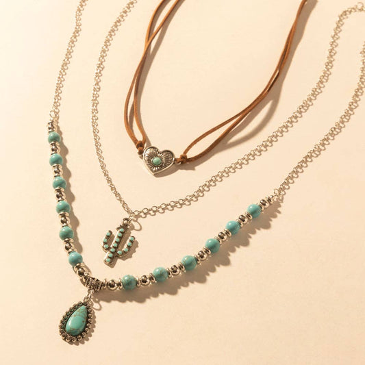Boho Mesa Layered Necklace for Women with turquoise bead and cactus pendant detail for western wear